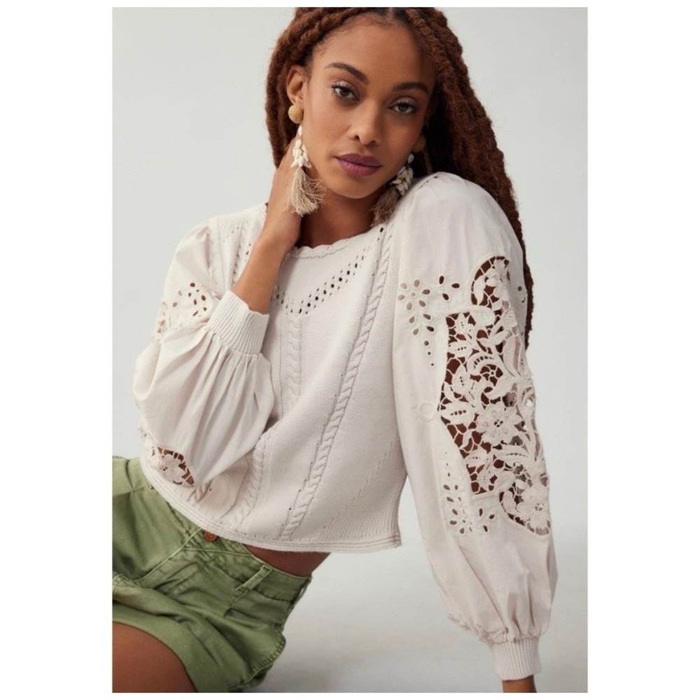 Anthropologie Cutwork Eyelet Knit Puff Sleeve Sweater‎ Mixed Media Beige Small